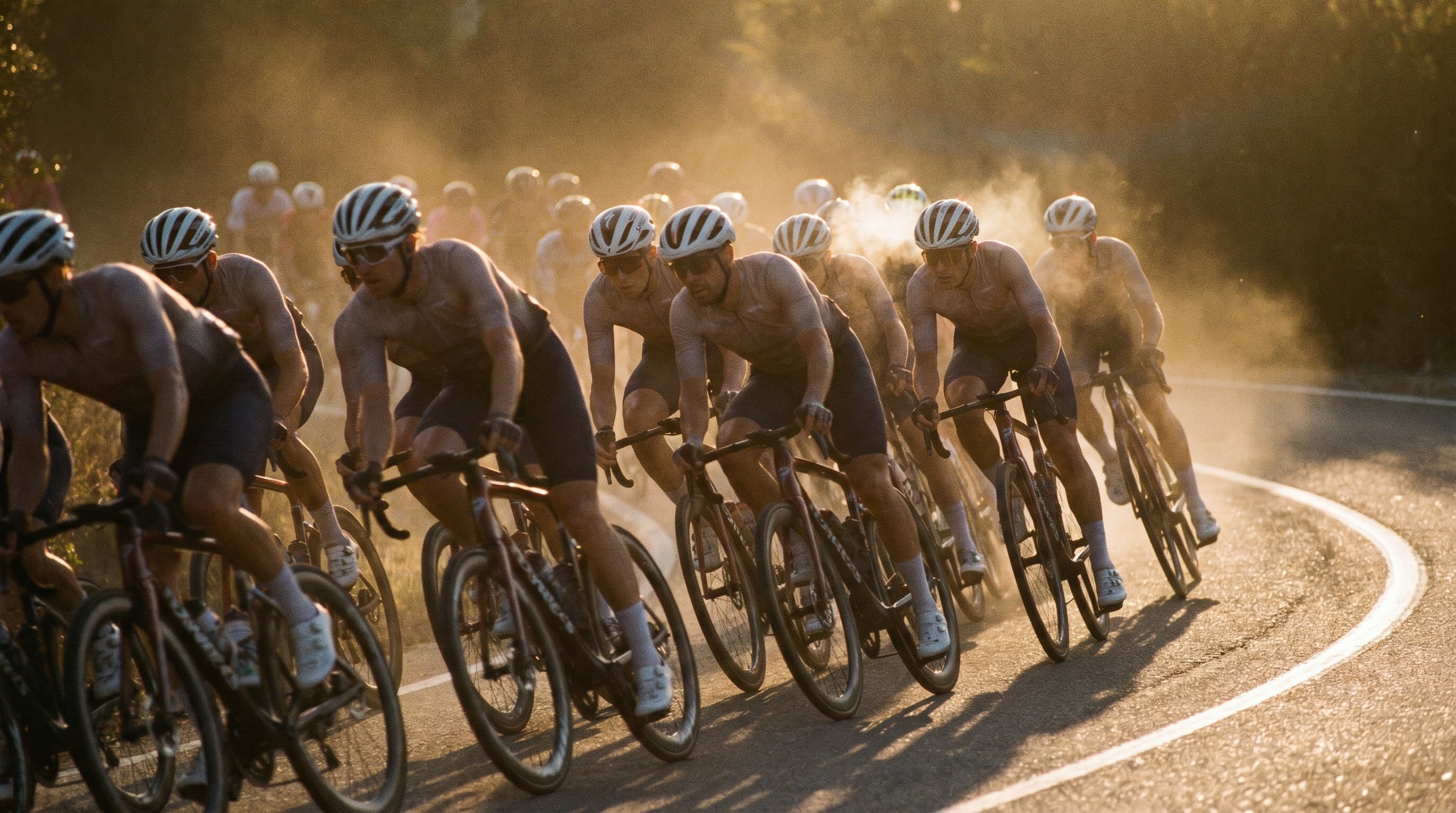 A tightly packed cycling peloton leaning through a curve at sunset